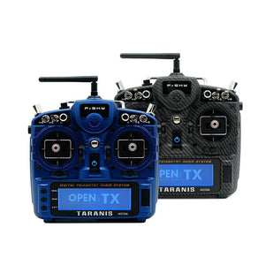 The FrSky X9D PLUS SE remote control is For FPV drones, carbon fiber and dark blue
